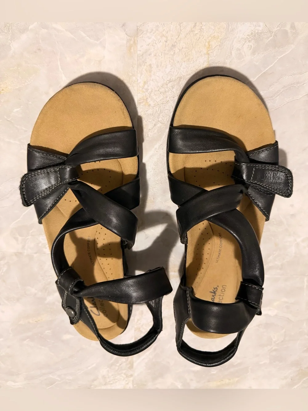 Clarks Black Leather Strappy Comfort Sandals for Women